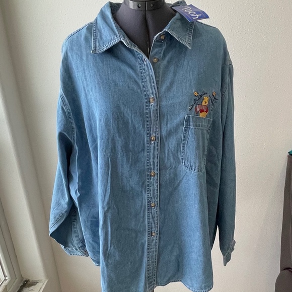 NEW! Disney Winnie The Pooh Denim Button Down Shirt Autumn Winter Plus 26/28 NWT - Picture 1 of 10